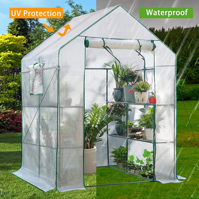 Green Houses for Outdoors, PE Walk in Greenhouse with 2 Side Mesh Windows, Portable Green House with Anchors & Ropes Stands Up to Wind, 56"x56"x78" White