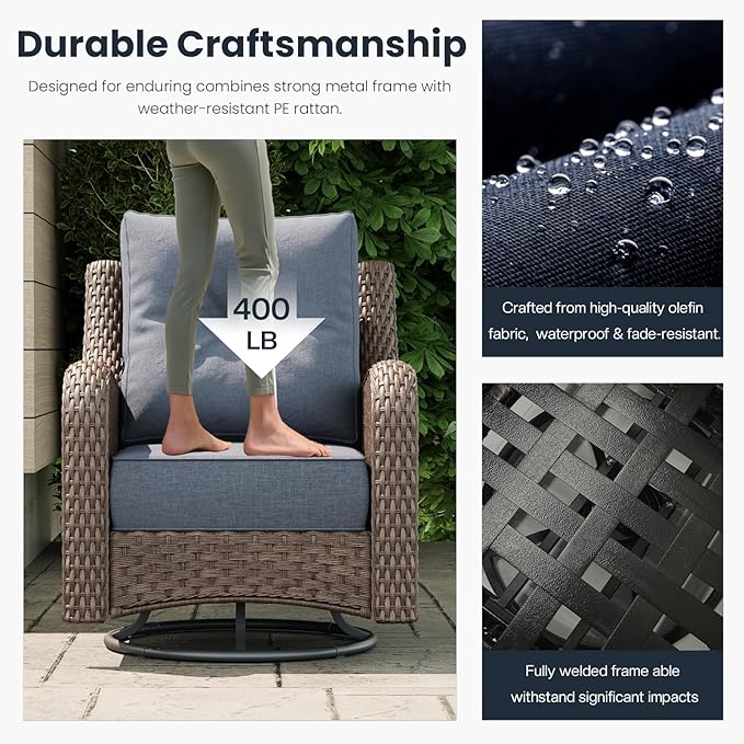 7 Pieces Outdoor Patio Furniture Sets with Rocking Swivel Chairs with 6-inch Thick Cushion and Side Table for Deck Lawn