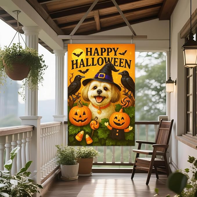 IVN Halloween Shih Tzu Garden Flag 28 x 40 Inch Double Sided House Flag with Witch Hat Pumpkin and Raven Design for Spooky Outdoor Porch Decor
