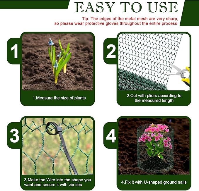 39.4ft x16In Plant Protectors from Animals, Plant Cages for Outdoor Plants, Wire Plant Protector Cage,Chicken Wire Cloche with Gloves, Plier, Ground Stakes & Nylon Ties Protect Plants from Animals ﻿