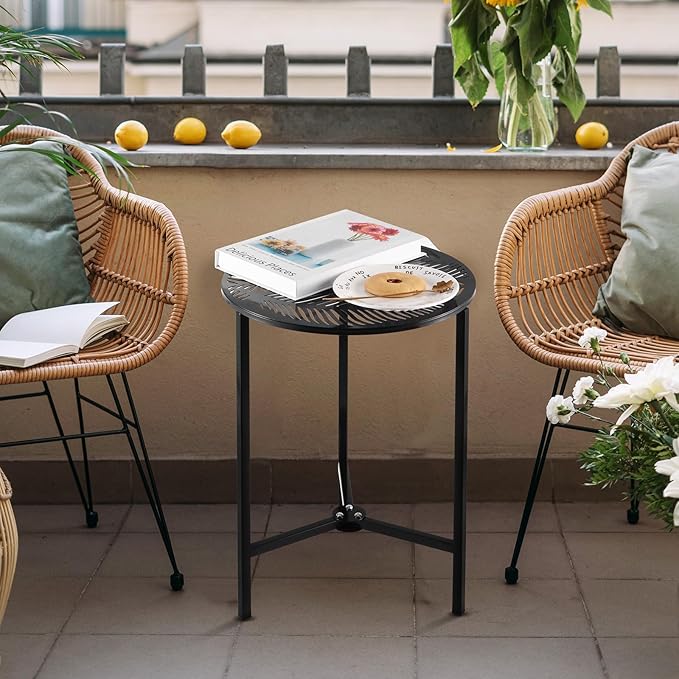 2 Packs 13" Metal Outdoor Side Tables Small Black Outside End Table for Patio Round Accent Corner Stand for Small Spaces Weather-Resistant Coffee Table for Balcony Porch Plant Stand, Palm Leaf