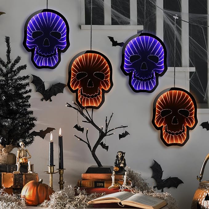 Halloween Décor 4 Skulls Infinity Lights with USB Powered, 10.42FT 3D Infinity Mirror String Skeleton Head Lights, Halloween Indoor Decorations for Window Outdoor Wall Party Room
