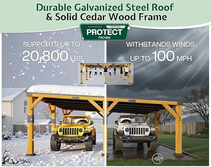 Jocisland 20x20x9.2 FT Cedar Wood Carport with Sloped Galvanized Steel Roof, Heavy Duty Outdoor Shelter for 2 Cars, Trucks, Boats & Tractors, Wind & Snow Resistant Pitch Roof Design