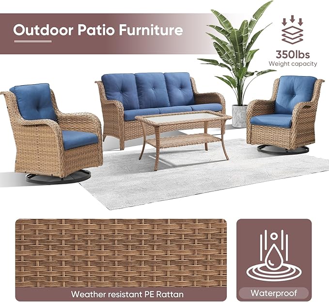 4 Piece Patio Furniture-All-Weather PE Wicker Outdoor Patio Furniture with Swivel Rocker Chairs,Outdoor Couch, Set with Coffee Table-Yellow/Blue
