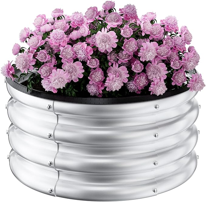 Round Galvanized Raised Garden Bed Kit, 2 x 2 x 1ft Arian Silver Galvanized Garden Boxes, Outdoor for Vegetables
