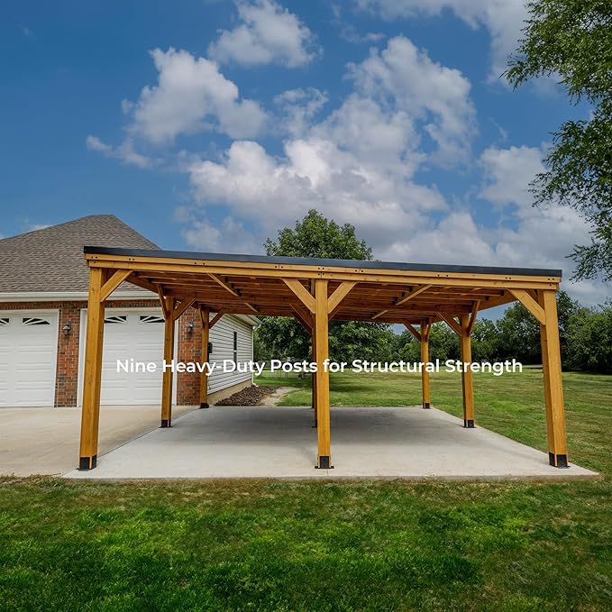 Backyard Discovery Kingsport 20' x 20' Cedar Wood Outdoor Carport Garage with Heavy-Duty Galvanized Steel Slope Roof, Snow Support, Wind Resistance, PowerPort, Shelter to Protect Cars, Boats, Trucks