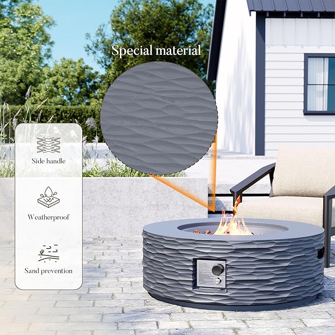 Cosiest Propane Fire Pit for Outside, 35 in Round Gas Fire Pits for Outdoor Patio, CSA Certified, 50000 BTU Concrete Rectangle Base with Rain Cover, Free Lava Rocks