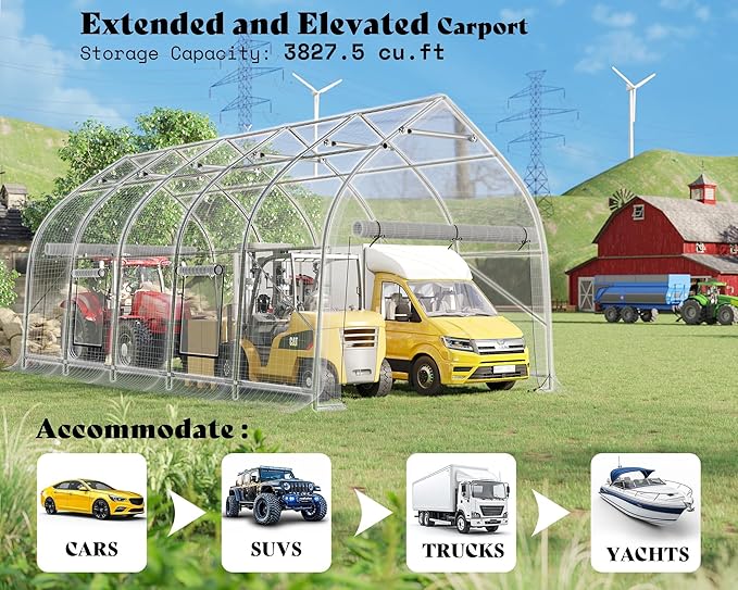 AMERLIFE 12 x 30 FT Walnut-Shaped Outdoor Carport, Heavy Duty Enclosed Carport, UV & Snow Resistant, Roll-Up Doors & Mesh Windows, for Trucks, Boats, Farm Equipment, Events, Silver Gray