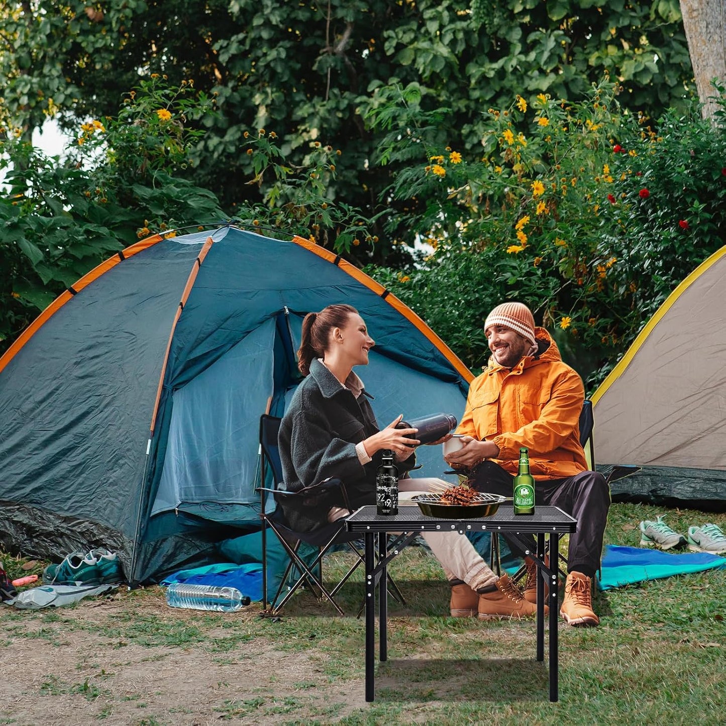 Small Folding Table 2FT Grill Table Foldable Camping Table Picnic Portable Mesh 2 Height Adjustable Outdoor Beach BBQ Black 23.6×15.7 inch