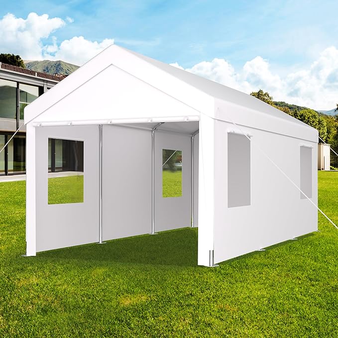 Carport 12x20 Ft Heavy Dut Car Port Canopy, Portable Garage with Removable Sidewalls & Doors for Car, Truck, Boat, Garden Tools (White)