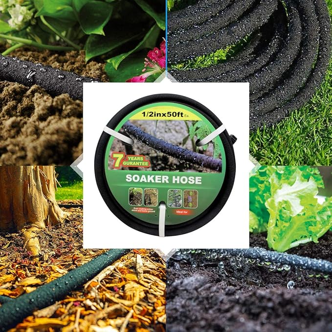 Taisia 1/2’’ Soaker Hose 50 FT Water Drip Garden Hose Drip Irrigation Hose Saves 70％Water Heavy Duty Rubber Round Soaker Hose for Garden, Lawn