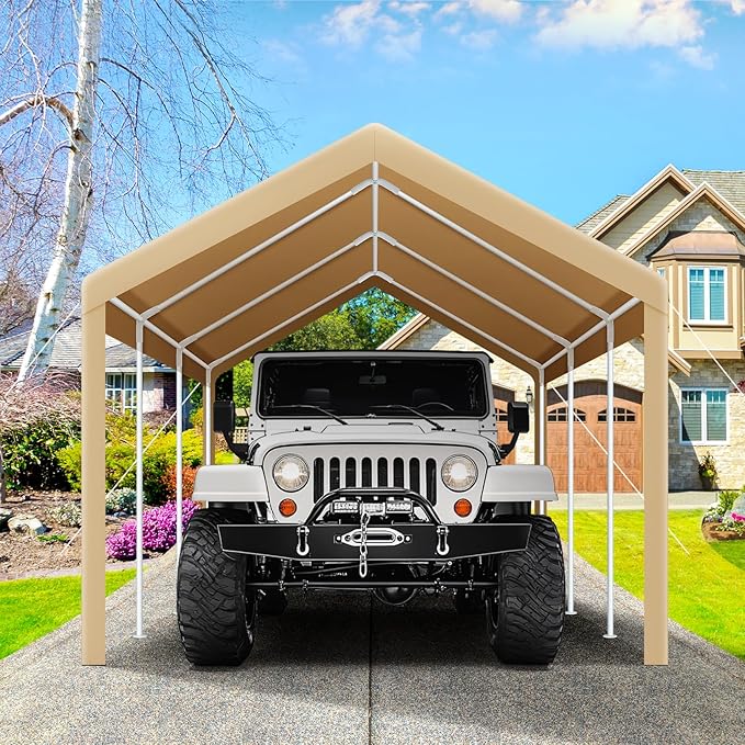 COBIZI Carports 10x20 Heavy Duty Car Tent Garage 2.0, Galvanized Frame Car Canopy Outdoor Shelter Waterproof & UV Protected with Windproof Ropes & Built-in Sandbags for Car Truck Boat, Khaki