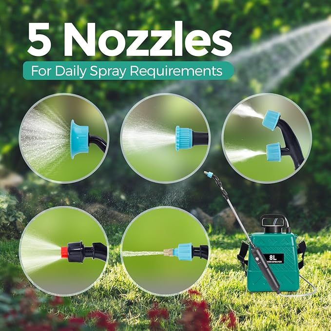 Garden Sprayer 2 Gallon,Battery Powered Sprayer with 5 Mist Nozzles,Telescopic Rod Electric Backpack Sprayers in Lawn & Garden