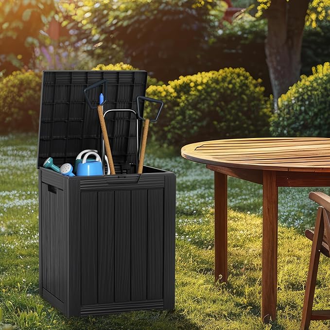 28 Gallon Resin Deck Box, Lockable Patio Outdoor Storage Box for Furniture, Garden Tools and Tools Storage, Waterproof Outside Storage Boxes - Black