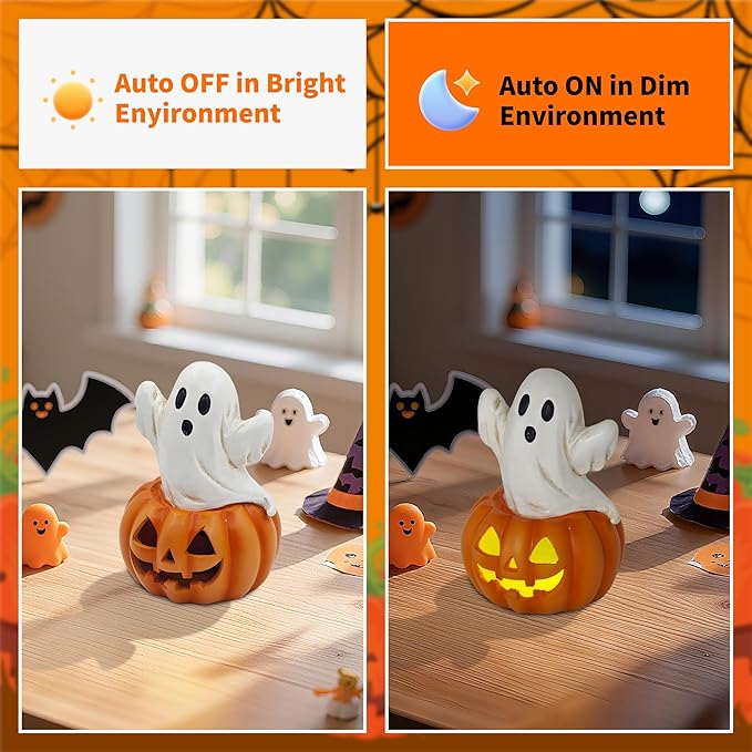 Ghost in Pumpkin Halloween Decoration: 5.5'' Solar Indoor Ornament for Home Fireplace Office Party Perfect Collectible Figurines Gift for Gothic Style Lovers