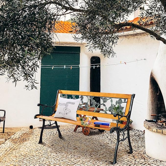 S AFSTAR Outdoor Garden Bench, Outside Porch Loveseat with Rose Cast Backrest & Stable Metal Legs, 2-3 Person Park Bench, Weather Proof Outdoor Bench for Patio Garden Backyard Poolside