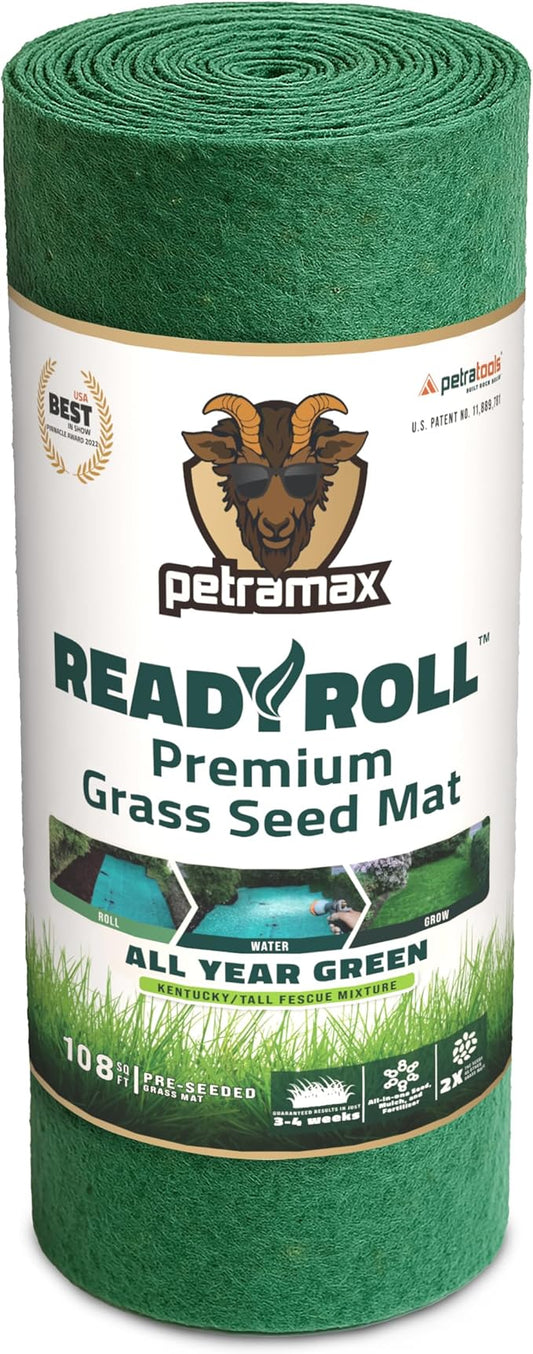 Petramax ReadyRoll Biodegradable Grass Seed Mat for Lawn (108 ft.) - All Year Green 3-in-1 Tall Fescue & Kentucky Grass Seed Rolls w/Mulch & Fertilizer - Lawn Repair Patch - Just Roll, Water, Grow