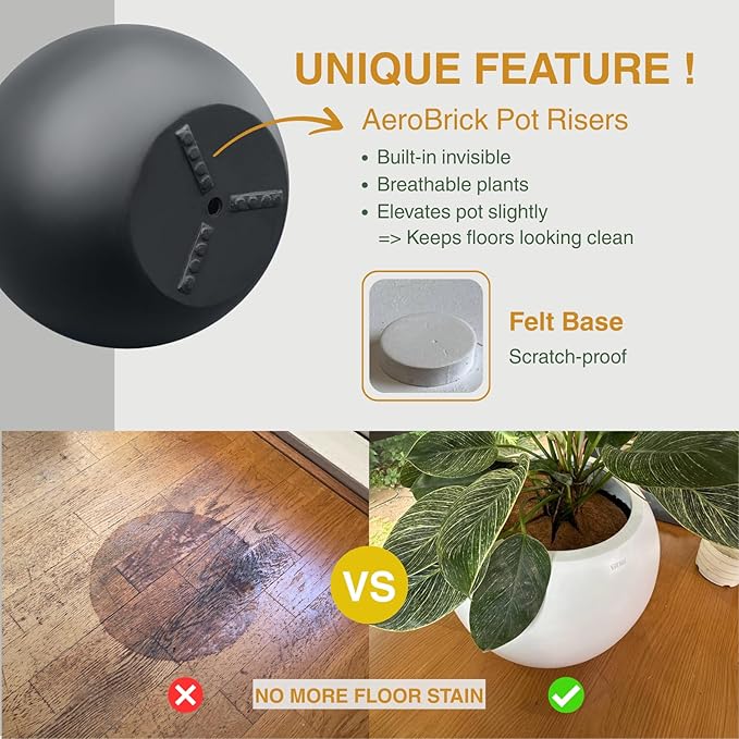 12.8" H x 16" D Globo Fiberstone Round Planter with Drainage Hole, Weather Resistant, Smooth Finish, Planters for Indoor Plants & Outdoor, 2 Extra Coco Mats (Black, 10.7" Pot Opening)