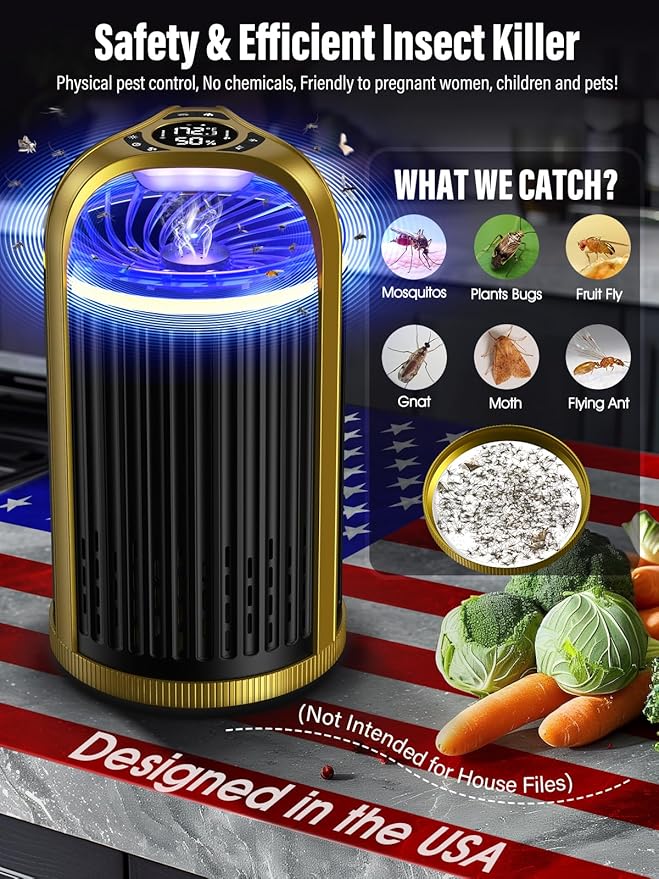 Fly Trap Indoor, CreateFun 2025 New Gnat Traps for House Indoor, Bug Light Trap Mosquitoes Fruit Fly Trap for Plants Bug Zapper with 10 PCS Refills - Gold & Black