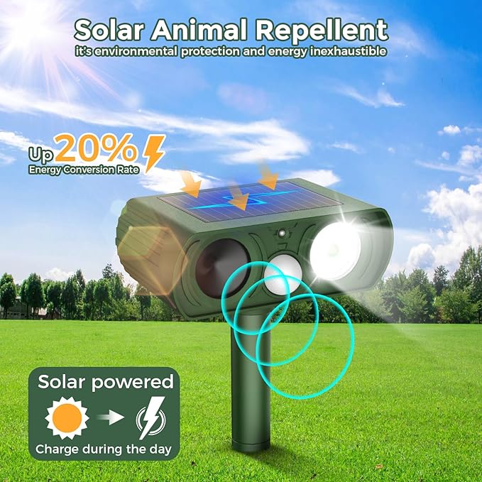 2PACK Solar Ultrasonic Animal Repellent Outdoor, Deer Repellent Devices Squirrel Cat Raccoon Rabbit Dog Deterrent, Keep Rodent Away Motion Detection with Flash Light for Yard Garden Lawn