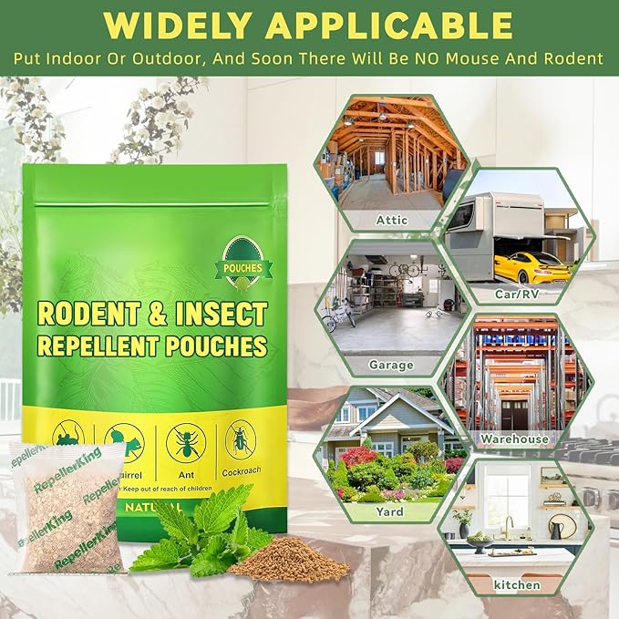 Extra-Strength Mouse and Rat Repellent Pouches, Strong Peppermint Oil Repellent for Mice Indoor/Outdoor, Natural Mouse Deterrent for House, Garden, Car, RV, Basement, Garage, Patio (10 Pack)