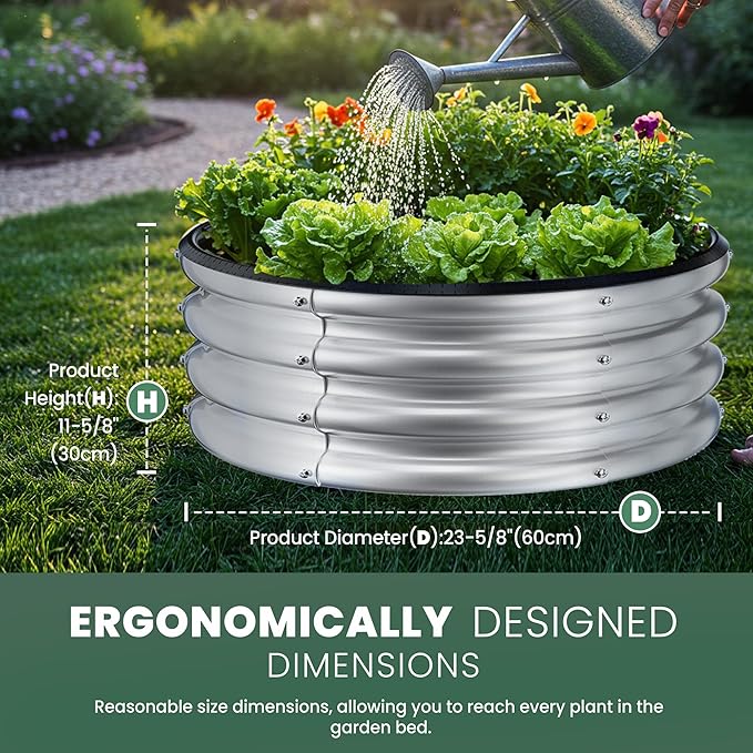 Round Galvanized Raised Garden Bed Kit, 2 x 2 x 1ft Arian Silver Galvanized Garden Boxes, Outdoor for Vegetables