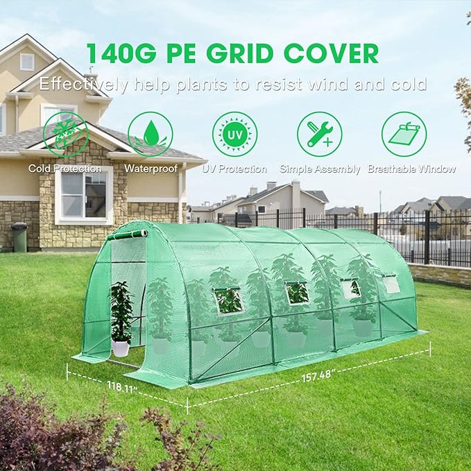 VIVOSUN 13x10x7 Ft. Large Walk in Greenhouse, Greenhouse Tunnel, Garden Plant Hot House with Green PE Cover, Roll-up Zipper Door and Window for Outdoor