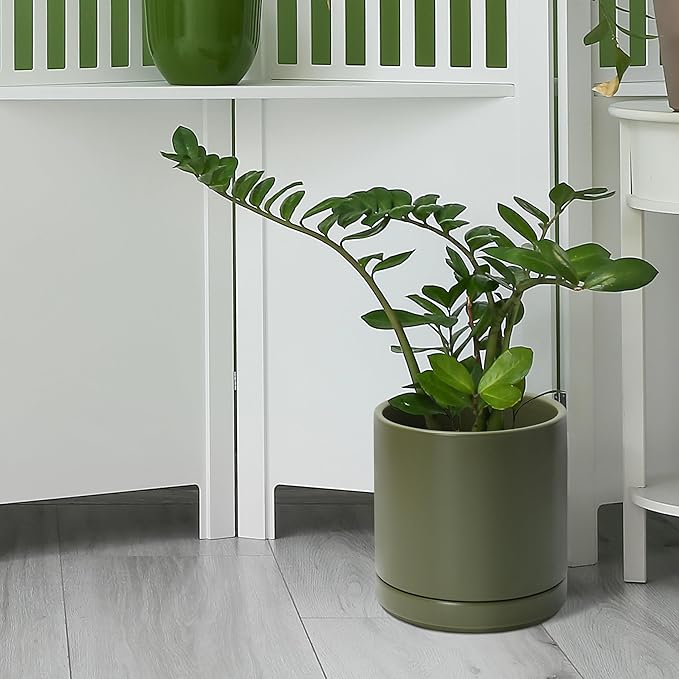 D'vine Dev Set of 2 Plants Pots, 8.2 Inch Ceramic Planter Pot for Plants with Drainage Hole and Saucer, Olive, 94-V-D-J