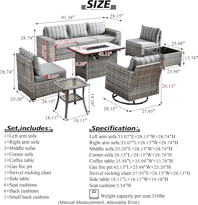 HOOOWOOO 9 Piece Modular Patio Outdoor Sectional Furniture Set with Large Propane Fire Pit Table,Wicker Conversation Sofa Set with Swivel Chairs,Outside Couch Set(Grey Stripes)