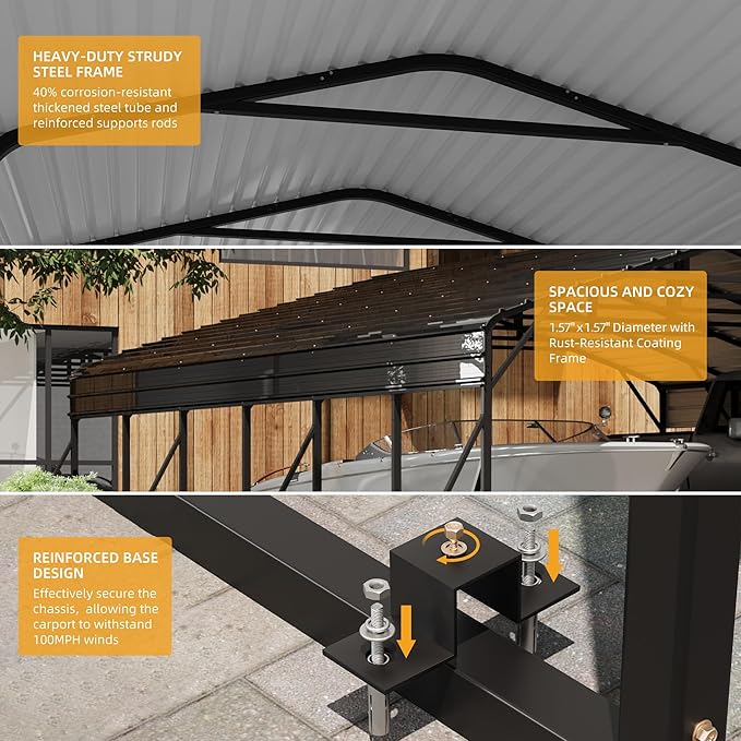 20' x 30' Heavy Duty Metal Carport with Galvanized Steel Roof, Tall Metal Carport Kits Garage for Tractors, Trucks, Boats, Cars, Heavy Duty MetalRoof Carports with Enhanced Base