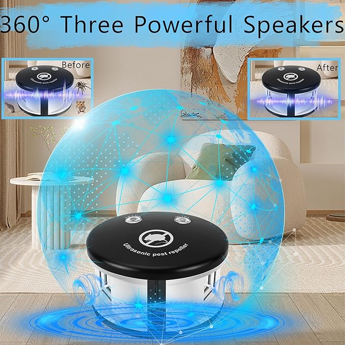 360° Ultrasonic Mouse Repellent, Plug in Rodents Repeler Indoor, Squirrels Repellent with High-Impact Ultrasonic and Pressure Waves for House Kitchen Garage Warehouse, Multiple Pest Deterrent Control