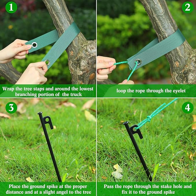 Sintuff 36 Pcs Heavy Duty Tree Stake Kits Stake and Support for Young Leaning Tree Anchor Straightening Kit, 15.8'' Support Straps, 11.8'' Steel Stakes, 13.12ft Rope(Green)