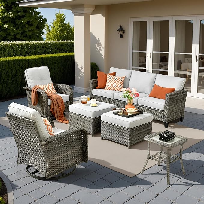 HOOOWOOO Outdoor Patio Furniture Set,6 Pieces Wicker Conversation Set,All Weather Couch Set with Swivel Chairs Ottoman Side Table 7 Seaters for Out Door Yard(Light Gray)