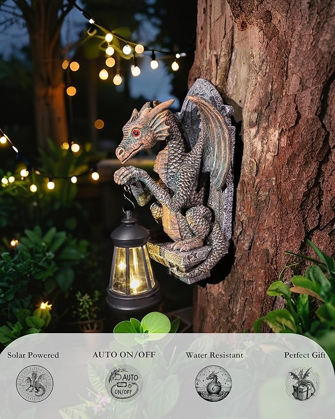 Dragon Statue Solar Lantern for Garden Décor, Dragons Figurine Night Light, 10”Outdoor Decorative Lamp, Mountable on Trees/Walls/Fences. Birthday/Housewarming Gifts for Dragon Fans (Antique Bronze)