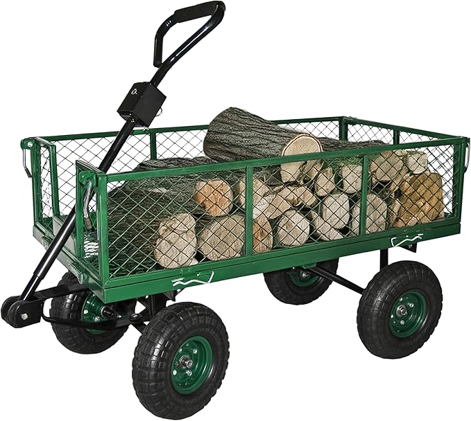 Backyard Expressions Heavy Duty 600 Lbs Capacity Mesh Steel Garden Cart Folding Utility Wagon with Removable Sides and (4) 10 Inch Wheels (Green)