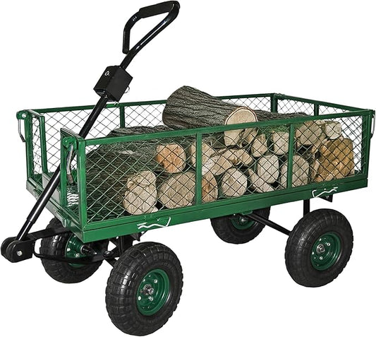 Backyard Expressions Heavy Duty 600 Lbs Capacity Mesh Steel Garden Cart Folding Utility Wagon with Removable Sides and (4) 10 Inch Wheels (Green)