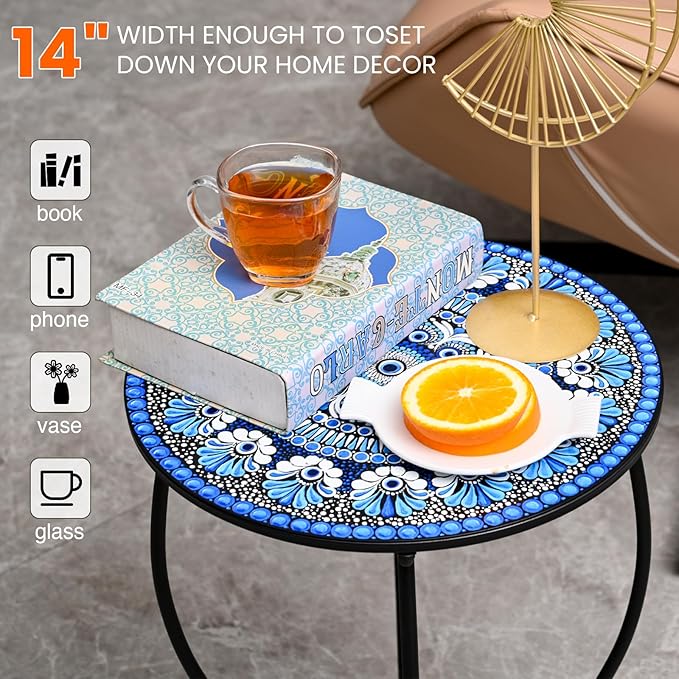 Metal Outdoor Side Table,14" Diameter Round Plant Stand for Flower Pots Vase Home Decor, Weather Resistant Patio Accent Table Plant Stand for Indoor Outdoor Use, Easy Assemble