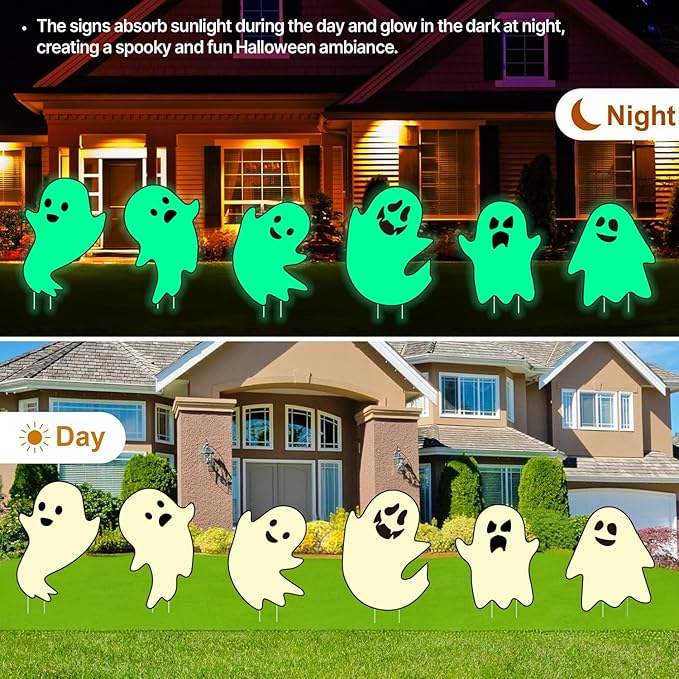 6Pcs Halloween Ghost Yard Stakes Glow in The Dark, 17"x12" Large Light Up Scary Ghost Decorations for Outdoor Lawn, Porch, Cemetery and Indoor Haunted House Displays, Waterproof and Easy Setup