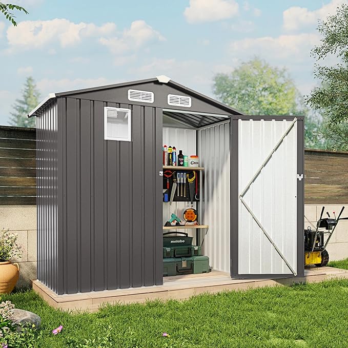 6x3.6FT Outdoor Storage Shed, Galvanized Steel Garden Shed with Lockable Door & Window, Waterproof Metal Tool Storage for Garden, Backyard, Patio, Lawn(Peak Roof)