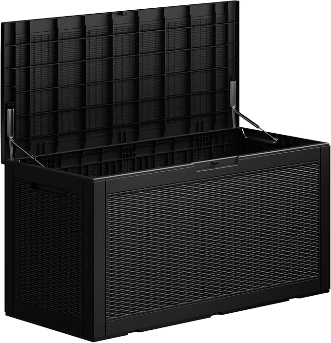 100GAL Black Wicker - Textured Outdoor Deck Box with Lock - Waterproof, SGS - Approved UV Resistance, Stylish Storage Solution for Patio Furniture and Outdoor Toys, Quick Assembly