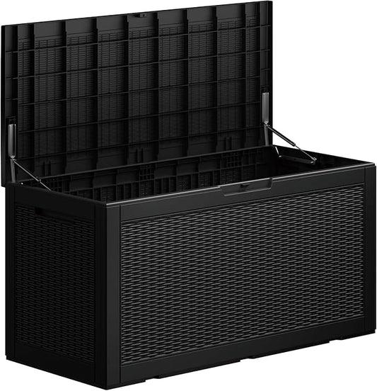 100GAL Black Wicker - Textured Outdoor Deck Box with Lock - Waterproof, SGS - Approved UV Resistance, Stylish Storage Solution for Patio Furniture and Outdoor Toys, Quick Assembly