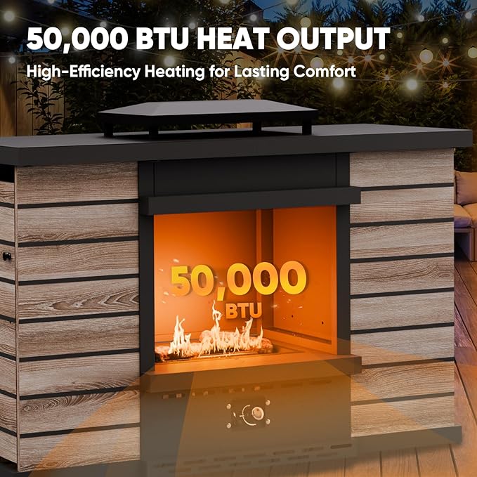 63'' Outdoor Propane Fireplace with Tank Storage & Extra Storage Cabinet, CSA Certified 50,000 BTU Patio Firepit with Dust Cover for Garden, Backyard and Balcony, Gray/Beige