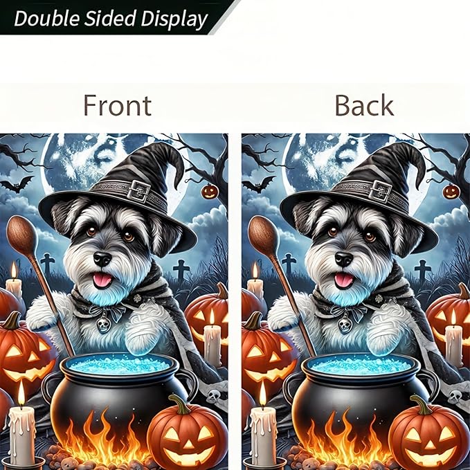 Halloween Garden Flag Double Sided 12x18 Flag Halloween Schnauzer Garden Flag Witch Pumpkin Cute Schnauzer Dog Cauldron Pumpkins Holiday Patio Wall Lawn Mail Outdoor Home Decor Banner