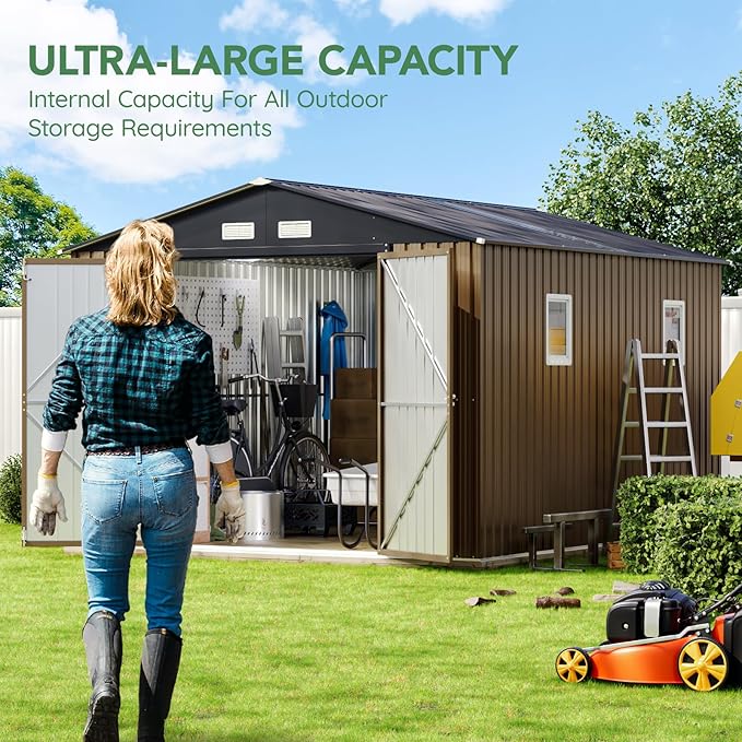 10X12X7.5 FT Outdoor Steel Storage Shed with Lockable Doors, 2 Windows, Transparent Roof Panels (Wood Panels & Frame Floor Not Included), Ideal for Patio Storage,Garbage Can, Chicken Coop，Brown