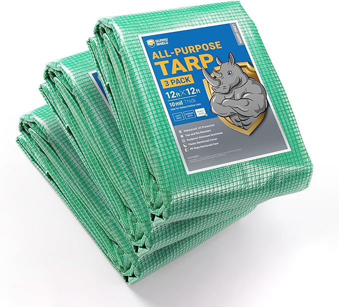 GUARD SHIELD Clear Green Tarp Heavy Duty 12x12 Feet Waterproof for Greenhouse Outdoor Garden Poly Cover UV Resistant 3x3 Weave 10mil (3-Pack)
