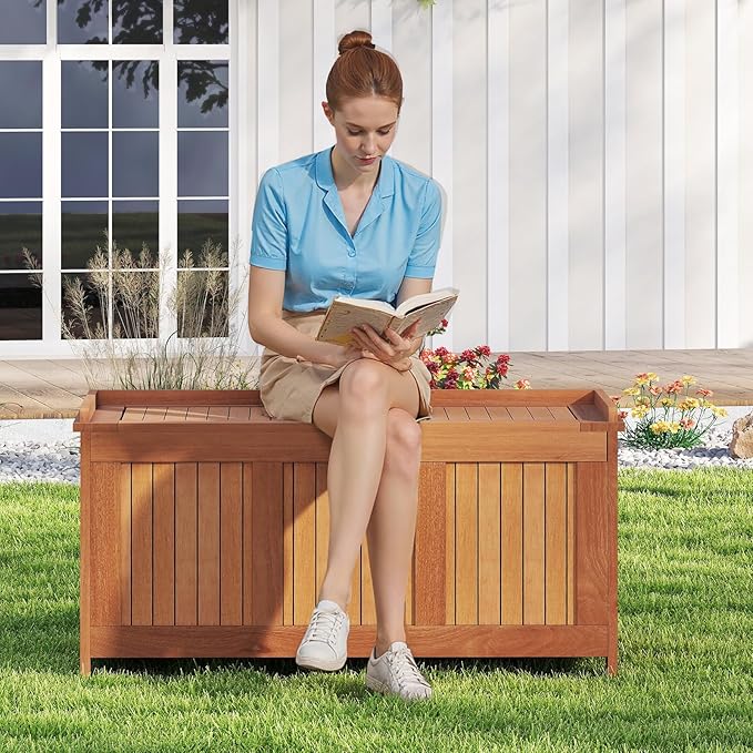 Tangkula 58 Gallon Wood Outdoor Storage Box, 3-in-1 Patio Storage Bench with Flip Top for Cushions, Pool Supplies, Gardening Tools, Outdoor Deck Box for Garden, Backyard, Poolside