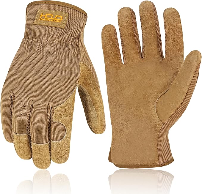 HANDLANDY Men Leather Gardening Gloves, Utility Work Gloves for Mechanics, Construction, Driver