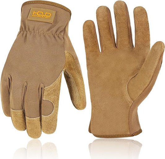 HANDLANDY Men Leather Gardening Gloves, Utility Work Gloves for Mechanics, Construction, Driver
