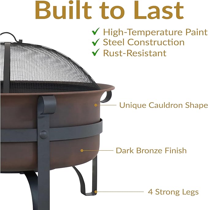 Sunnydaze 29-Inch Wood-Burning Outdoor Fire Pit - Bronze Cauldron Wood Fire Pit for Outside - Includes Poker and Spark Screen