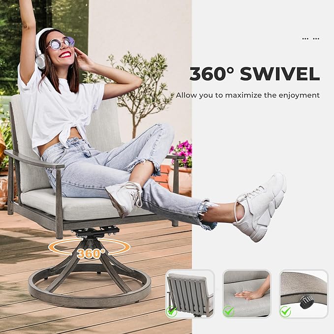 HAPPATIO 9-Piece Patio Table and Chairs Set for 8, Aluminum Outdoor Dining Set with Cushions, 6 Dining Chairs and 2 Swivel Chairs, 1 Large Rectangular Table with Umbrella Hole,Grey